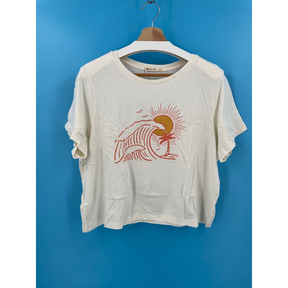 Marine Layer Easy Crop Graphic Tee Antique White Orange Sun Wave NWT Size XL USA